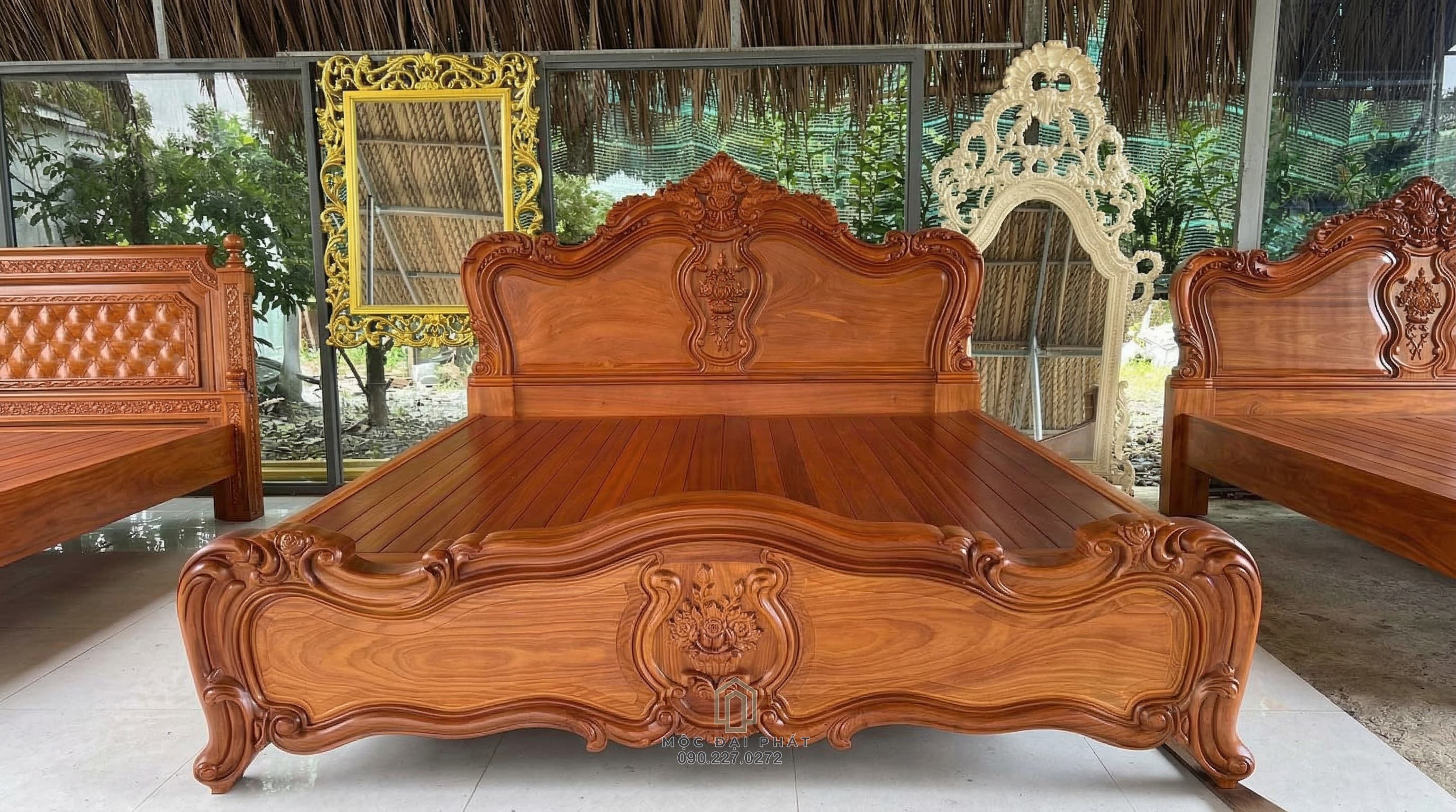 Giường Ngủ Tân Cổ Điển Gỗ Gõ Đỏ (Mã: G-01) – Tinh Hoa Đục Chạm Thủ Công, Đẳng Cấp Hoàng Gia