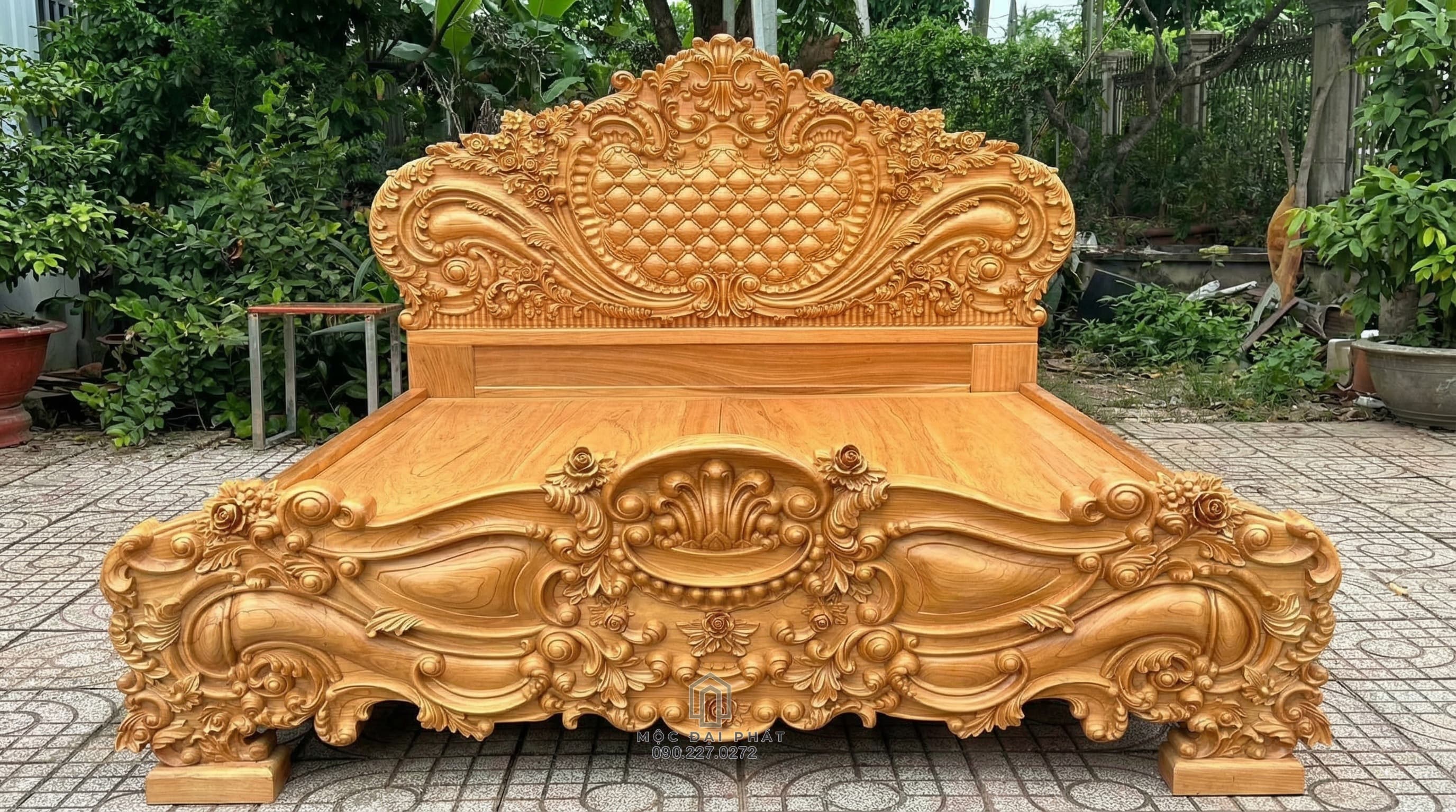 Giường Ngủ Hoàng Gia Gỗ Gõ Đỏ (Mã: G02) – Tuyệt Tác Đục Chạm Kỹ, Đỉnh Cao Mỹ Nghệ Thủ Công