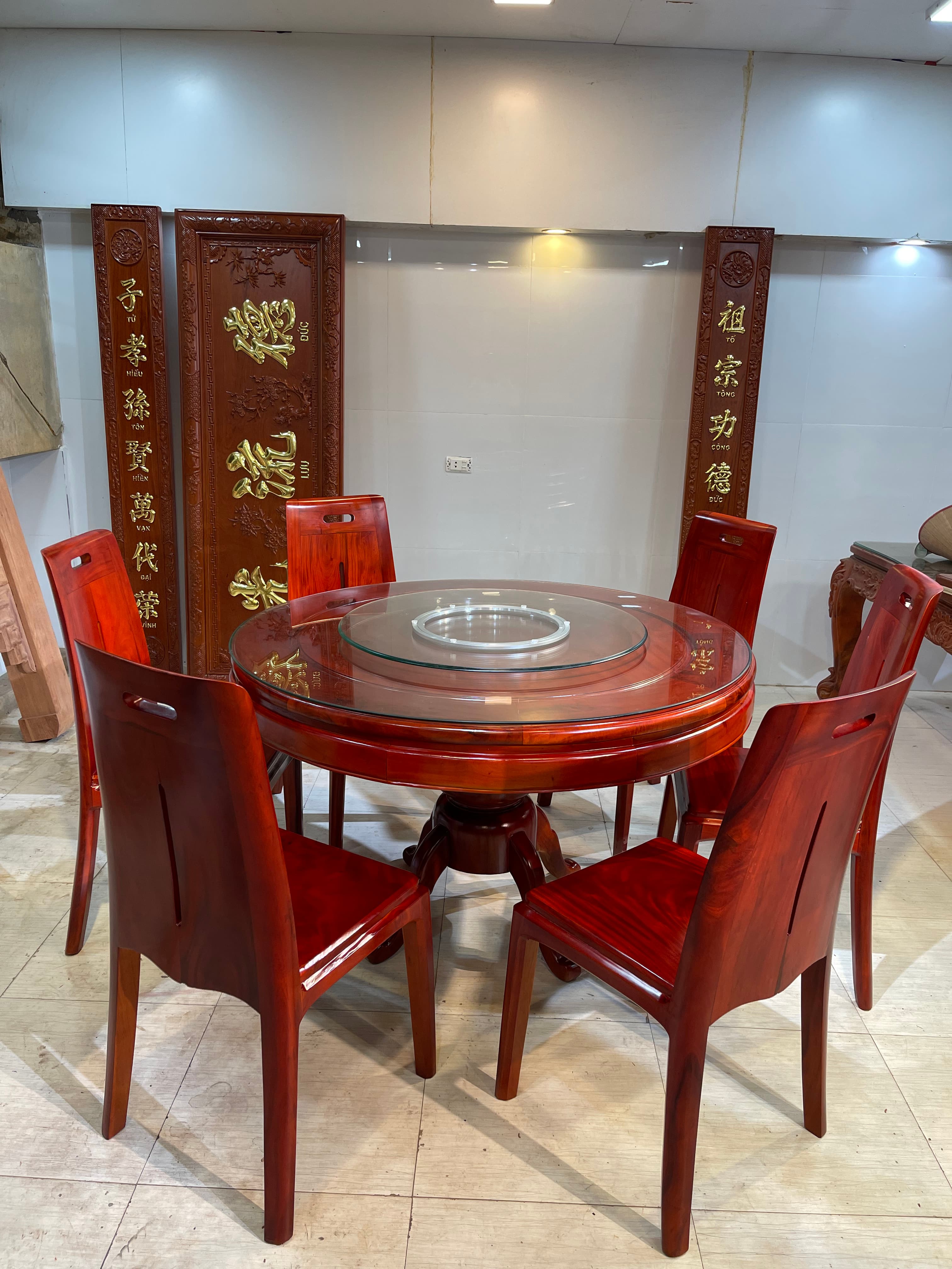 Bàn Ăn Tròn Mâm Xoay 6 Ghế Gỗ Lim (Mã: BA-10)